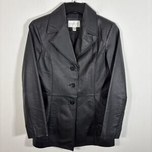 Worthington Womens Small Black Genuine Leather Jacket Button Front Slash Pockets